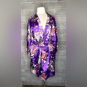 Purple Floral Satin Kimono Robe XL – Lounge, Bridal, Spa Style